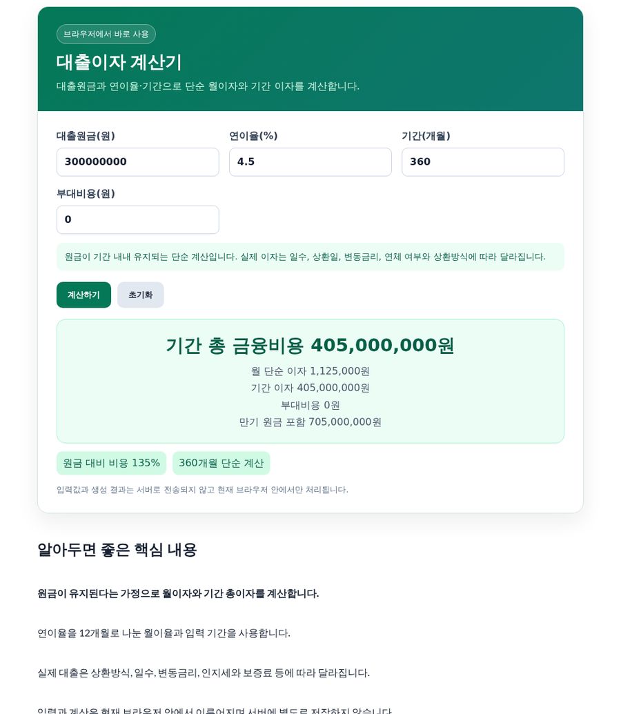 대출이자 계산기 화면 - 원금 3억·금리 4.5%·360개월 입력 예시
